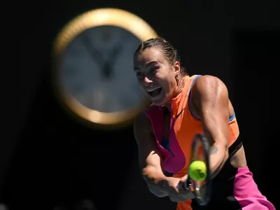 Tennis - Australian Open - Melbourne Park, Melbourne, Australia - January 27, 2026 Belarus' Aryna Sabalenka in action during her quarter final match against Iva Jovic of the U.S. REUTERS/Jaimi Joy