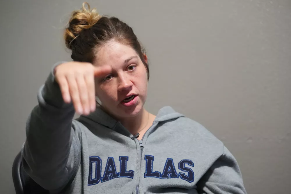 Cheyenne Hangaman speaks to The Associated Press about the death of her three sons who drowned in a frozen pond Tuesday, Jan. 27, 2026, in Bonham, Texas. (AP Photo/Julio Cortez)