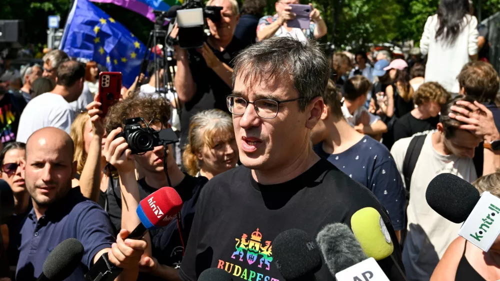 FILE - Budapest Mayor Gergely Karacsony speaks to the media in front of the National Investigation Bureau in Budapest, Hungary, Friday, Aug. 1, 2025. (Tamas Purger/MTI via AP, File)