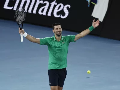 Tennis - Australian Open - Melbourne Park, Melbourne, Australia - January 31, 2026 Serbia's Novak Djokovic celebrates winning his semi final match against Italy's Jannik Sinner REUTERS/Tingshu Wang