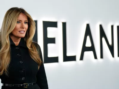 First lady Melania Trump arrives for the premiere of her movie "Melania" at The John F. Kennedy Memorial Center For The Performing Arts, Thursday, Jan. 29, 2026, in Washington. (AP Photo/Jose Luis Magana)