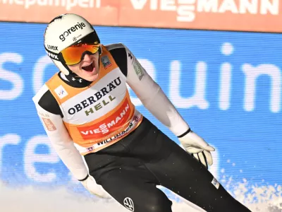 31 January 2026, Hesse, Willingen: Slovenia's Domen Prevc cheers after the the men's Large Hill competition of the FIS Ski Jumping World Cup FIS Ski Jumping World Cup in Willingen. Photo: Swen Pf&ouml;rtner/dpa