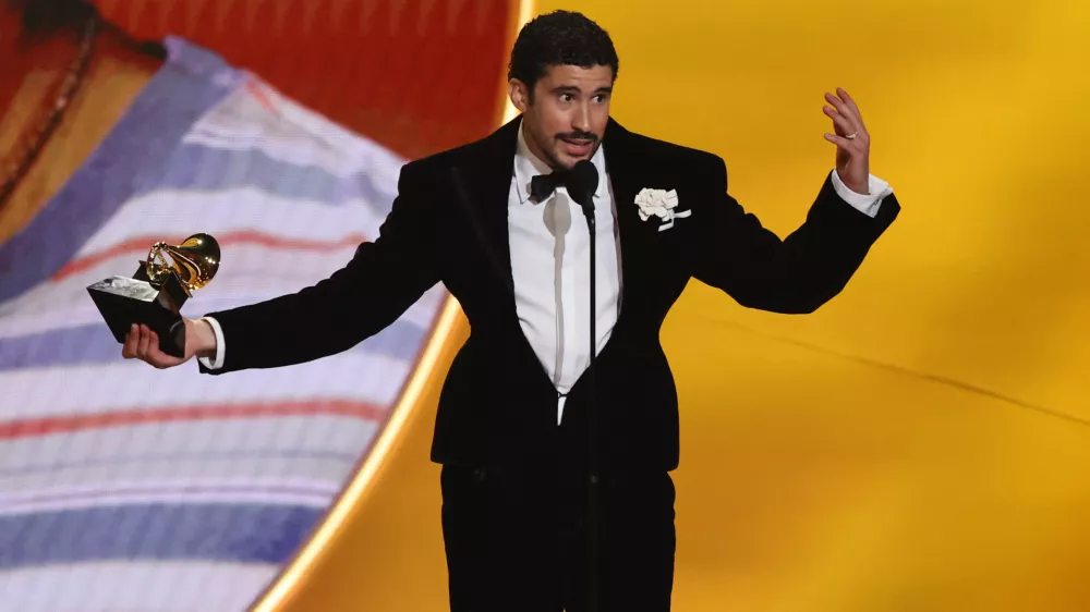 Bad Bunny accepts the award for Album of the Year for "Debi Tirar Mas Fotos" during the 68th Annual Grammy Awards in Los Angeles, California, U.S., February 1, 2026. REUTERS/Daniel Cole