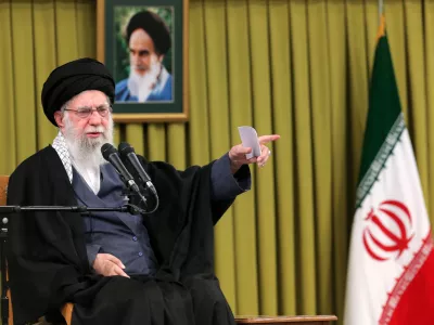 In this photo released by an official website of the office of the Iranian supreme leader, Supreme Leader Ayatollah Ali Khamenei speaks in a meeting, in Tehran, Iran, Sunday, Feb. 1, 2026. (Office of the Iranian Supreme Leader via AP)