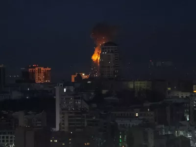 A drone hits an apartment building during a Russian missile and drone strike, amid Russia's attack on Ukraine, in Kyiv, Ukraine February 3, 2026. REUTERS/Gleb Garanich