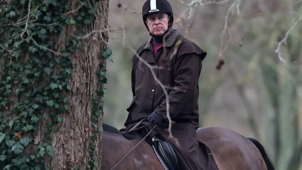 Andrew Mountbatten-Windsor rides a horse in Windsor Great Park, near to Royal Lodge, a property on the estate surrounding Windsor Castle, where Andrew Mountbatten-Windsor, the younger brother of Britain's King Charles, resides, after the U.S. Justice Department has released more records tied to the late financier and convicted sex offender Jeffrey Epstein, in Windsor, Britain, February 2, 2026. REUTERS/Toby Melville