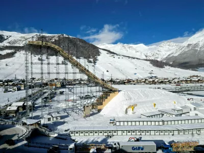 FILE PHOTO: A drone view shows the big ski jump in the snow park in Livigno, which will host all Snowboard and Freestyle Skiing events, including disciplines like Halfpipe, Slopestyle, Big Air, Ski Cross, Snowboard Cross, Moguls, Aerials, and Parallel Giant Slalom as part of the Milano Cortina Winter Olympic games in Italy, January 9, 2026. REUTERS/Yara Nardi/File Photo