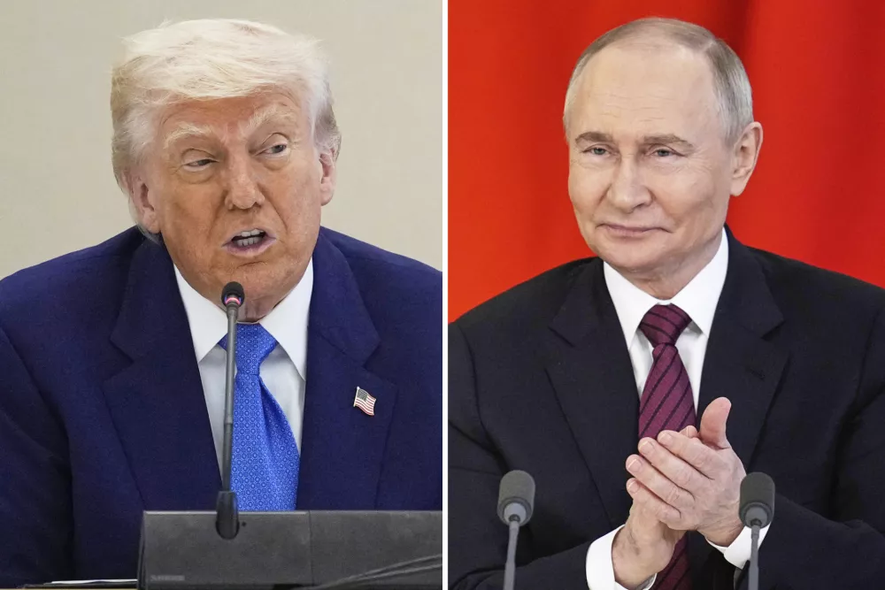 FILE - This combination photo shows U.S. President Donald Trump in a business roundtable in Abu Dhabi, United Arab Emirates, May 16, 2025, left, and Russian President Vladimir Putin at a signing ceremony at the Kremlin in Moscow, May 10, 2025. (AP Photo, Files)