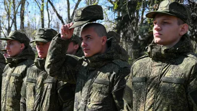 Russian conscripts called up for military service line up during a ceremony before their departure for garrisons, in Bataysk in the Rostov region, Russia, April 10, 2025. REUTERS/Sergey Pivovarov