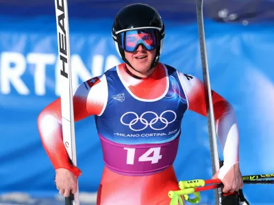 Milano Cortina 2026 Olympics - Alpine Skiing - Men's Team Combined Downhill - Stelvio Ski Centre, Bormio, Italy - February 09, 2026. Franjo von Allmen of Switzerland reacts after his run during the Men's Team Combined Downhill REUTERS/Denis Balibouse