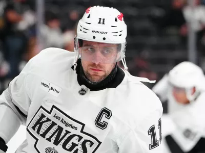 Feb 5, 2026; Las Vegas, Nevada, USA; Los Angeles Kings center Anze Kopitar (11) warms up before the start of a game against the Vegas Golden Knights at T-Mobile Arena. Mandatory Credit: Stephen R. Sylvanie-Imagn Images