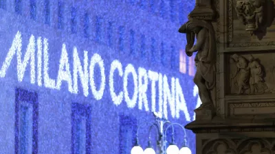 Milano Cortina 2026 Winter Olympics - Olympic Torch passes Milan Duomo - Milan, Italy - February 5, 2026 General view of the logo for Milano Cortina Winter Olympic Games 2026 before the Olympic Torch passes Milan Duomo REUTERS/Alkis Konstantinidis