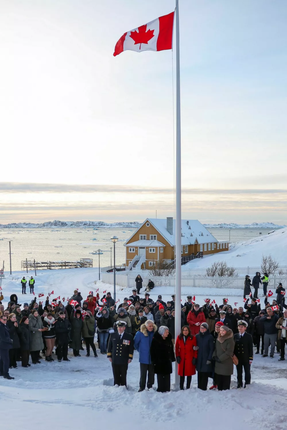 Senior Arctic Official and Arctic Ambassador for Canada Virginia Mearns, Greenland's Foreign Minister Vivian Motzfeldt, Canada's Ambassador to Denmark Carolyn Bennett, Canada's Foreign Affairs Minister Anita Anand, Canada's Governor General Mary Simon and Simon's husband Whit Fraser attend the official opening of the Canadian Consulate in Nuuk, Greenland, February 6, 2026. REUTERS/Stoyan Nenov