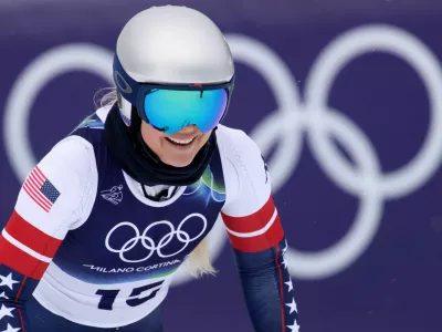 Milano Cortina 2026 Olympics - Alpine Skiing - Women's Downhill 3rd Official Training - Tofane Alpine Skiing Centre, Belluno, Italy - February 07, 2026. Lindsey Vonn of United States reacts during training REUTERS/Leonhard Foeger