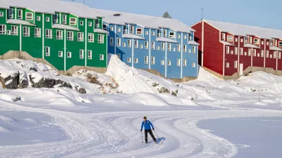 A person skis in Nuuk, Greenland, Friday, Feb. 6, 2026. (Christinne Muschi /The Canadian Press via AP)