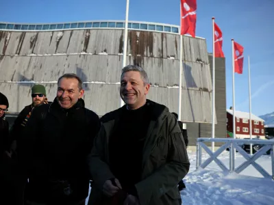 Christophe Parisot, French ambassador to Denmark, and Jean-Noel Poirier, new French Consul General in Nuuk, Greenland, speak to the media in Nuuk, Greenland, February 6, 2026. REUTERS/Stoyan Nenov
