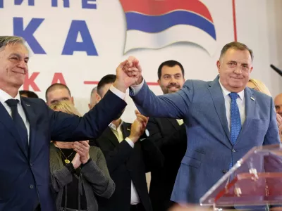 Milorad Dodik, former President of the Bosnian Serb Republic, and Sinisa Karan attend a pres conference after preliminary results indicated Karan won a snap presidential election in Banja Luka, Bosnia and Herzegovina, November 23, 2025. REUTERS/Amel Emric