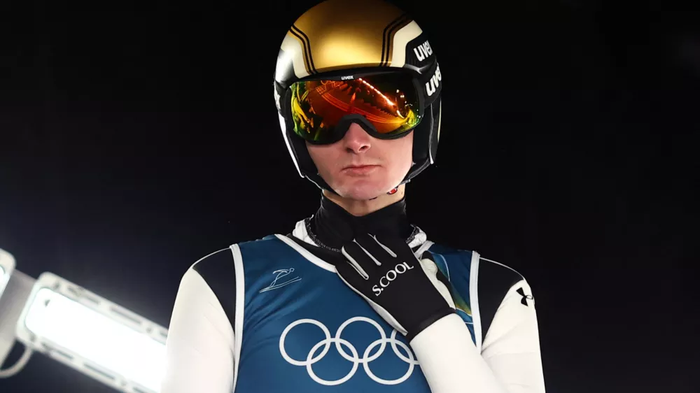 Milano Cortina 2026 Olympics - Ski Jumping - Men's Normal Hill - Official Training - Predazzo Ski Jumping Stadium, Predazzo, Italy - February 08, 2026. Domen Prevc of Slovenia during training REUTERS/Kai Pfaffenbach