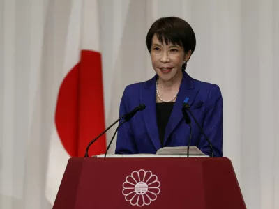 Japan's Prime Minister Sanae Takaichi, leader of the ruling Liberal Democratic Party (LDP), speaks during a press conference at the LDP headquarters in Tokyo, Japan, 09 February, 2026. Japan's ruling Liberal Democratic Party secured more than two-thirds of the seats in the House of Representatives in a historic landslide, giving Prime Minister Takaichi a strong mandate to advance her conservative policy agenda.  FRANCK ROBICHON/Pool via REUTERS
