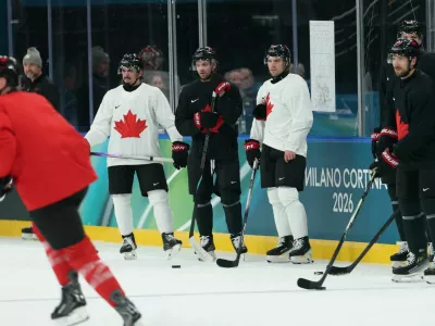 Milano Cortina 2026 Olympics - Ice Hockey - Men's - Canada Training - Milano Santagiulia Ice Hockey Arena, Milan, Italy - February 08, 2026. Brandon Hagel of Canada and Josh Morrissey of Canada during training REUTERS/Mike Segar