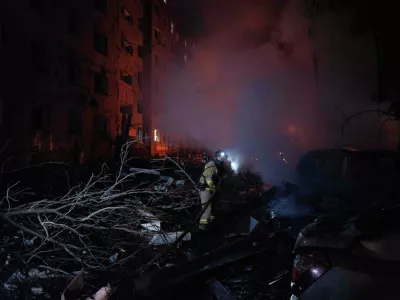 In this photo provided by Ukraine's 93rd Kholodnyi Yar Separate Mechanized Brigade press service, firefighters put out the fire following Russia's airstrike that damaged an apartment building in residential neighbourhood in Kramatorsk, Donetsk region, Ukraine, Sunday, Feb. 8, 2026. (Iryna Rybakova/Ukraine's 93rd Mechanized Brigade via AP)