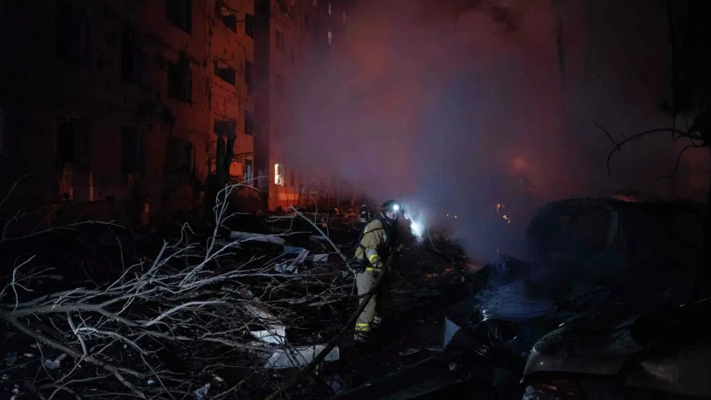 In this photo provided by Ukraine's 93rd Kholodnyi Yar Separate Mechanized Brigade press service, firefighters put out the fire following Russia's airstrike that damaged an apartment building in residential neighbourhood in Kramatorsk, Donetsk region, Ukraine, Sunday, Feb. 8, 2026. (Iryna Rybakova/Ukraine's 93rd Mechanized Brigade via AP)