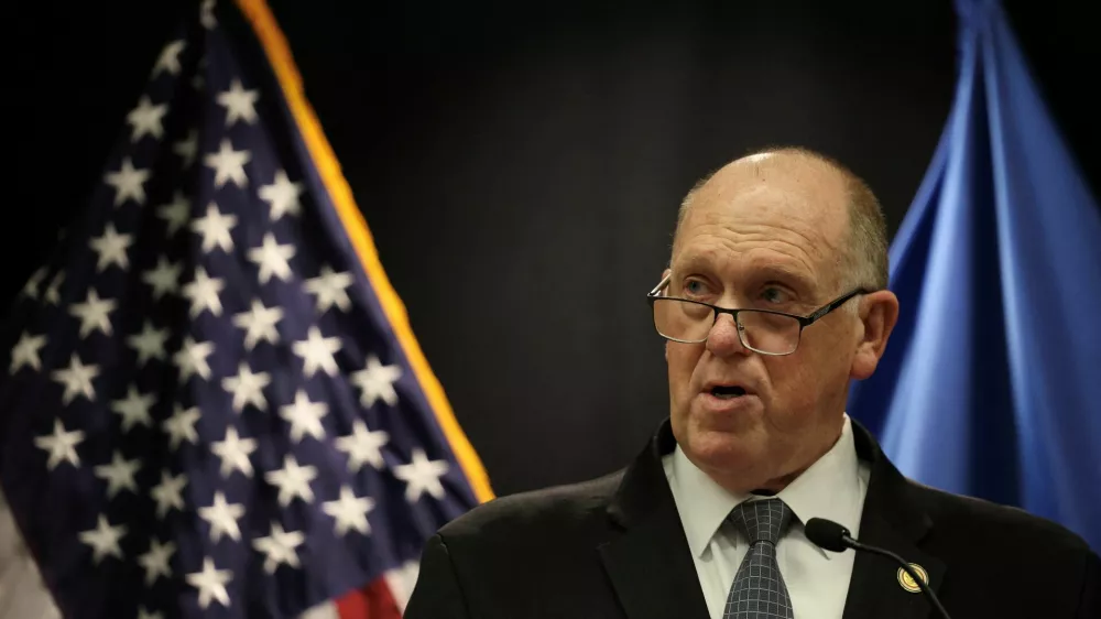 Border Czar Tom Homan speaks during a press conference at Bishop Henry Whipple Federal Building in Minneapolis, Minnesota, U.S. February 12, 2026. REUTERS/Go Nakamura
