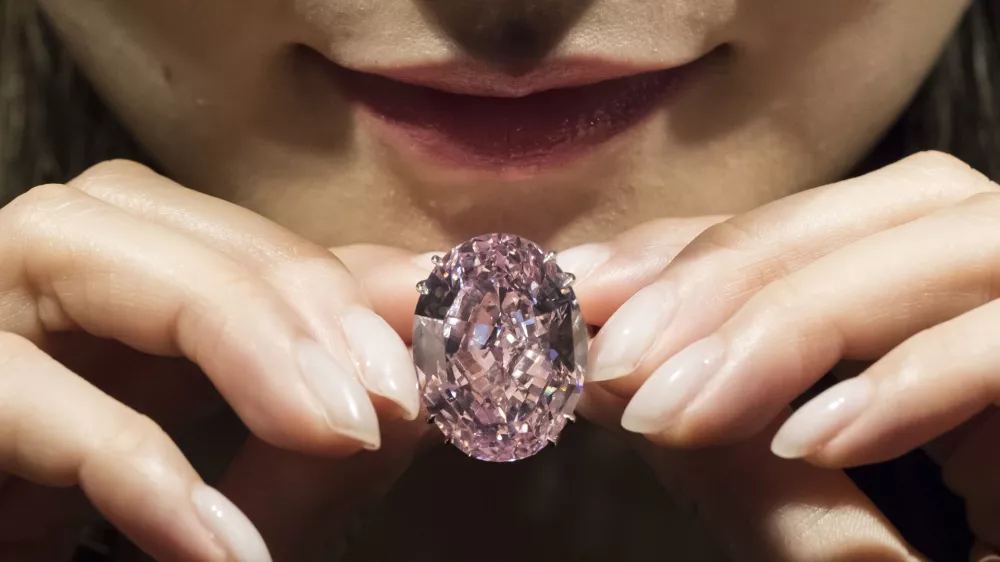 Diamant Pink Star, preden so ga na dražbi prodali za rekordnih 71,2 milijona dolarjev. / Foto: Getty Images