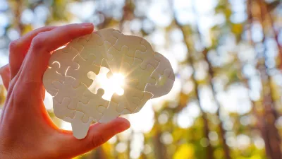 Hand holding a puzzle piece shaped like a brain, sunlight shining through in a forest setting. / Foto: Ekaterina Chizhevskaya