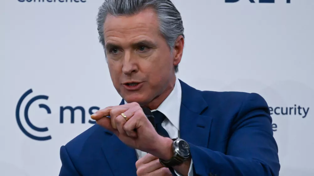 13 February 2026, Bavaria, Munich: Gavin Newsom, Governor of California speaks during the 62nd Munich Security Conference at the Bayerischer Hof Hotel. Photo: Sven Hoppe/dpa