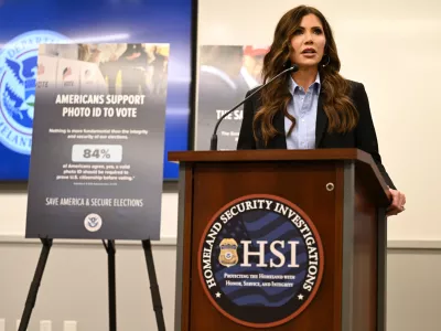 Homeland Security Secretary Kristi Noem speaks to press Friday, Feb. 13, 2026, in Scottsdale, Ariz. (AP Photo/Caitlin O'Hara)