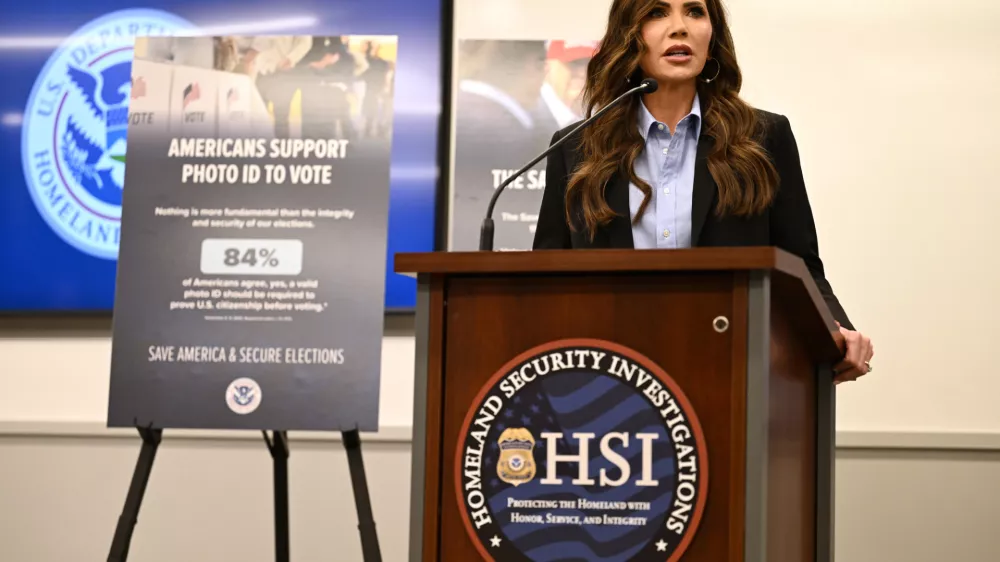 Homeland Security Secretary Kristi Noem speaks to press Friday, Feb. 13, 2026, in Scottsdale, Ariz. (AP Photo/Caitlin O'Hara)