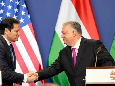 U.S. Secretary of State Marco Rubio shakes hands with Hungary's Prime Minister Viktor Orban after the signing of the U.S-Hungary Intergovernmental Agreement on Civil Nuclear Cooperation in Budapest, Hungary, February 16, 2026.   Alex Brandon/Pool via REUTERS