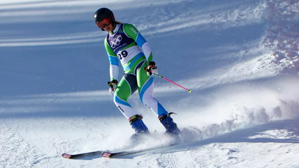 Milano Cortina 2026 Olympics - Alpine Skiing - Women's Giant Slalom Run 2 - Tofane Alpine Skiing Centre, Belluno, Italy - February 15, 2026. Ana Bucik Jogan of Slovenia reacts during her second run in the Women's Giant Slalom REUTERS/Lisi Niesner