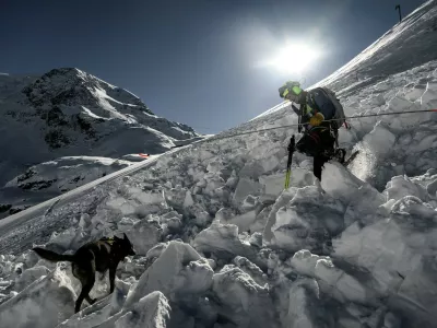 A dog-handler member of the CRS Alpes Grenoble mountain rescue team searches with a dog for potential buried victims during an avalanche emergency response rescue mission in an off-piste area of the Ecrins massif, French Alps on January 29, 2026.,Image: 1070575453, License: Rights-managed, Restrictions:, Model Release: no / Foto: Profimedia