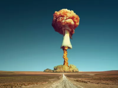 Nuclear explosion in the desert with a cloud of smoke. The road to a nuclear explosion. Nuclear war. Apocalypse.