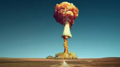 Nuclear explosion in the desert with a cloud of smoke. The road to a nuclear explosion. Nuclear war. Apocalypse.