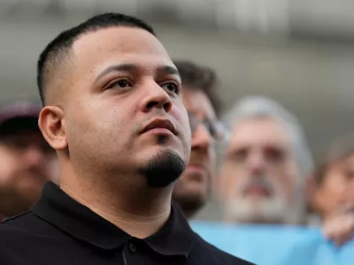 FILE - Kilmar Abrego Garcia attends a rally in his honor at the Immigration and Customs Enforcement field office in Baltimore on Aug. 25, 2025. (AP Photo/Stephanie Scarbrough, File)