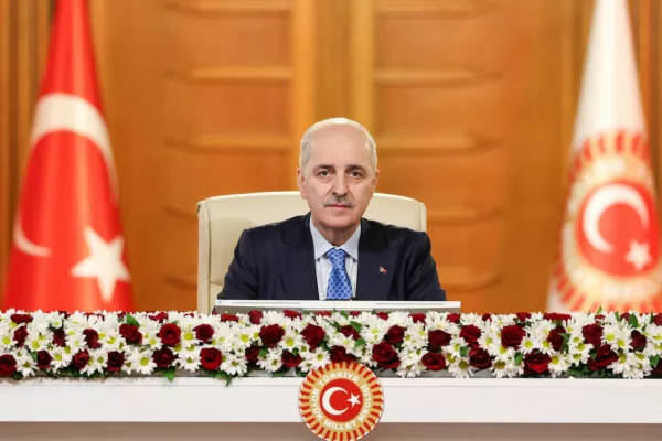 Turkey's Parliament Speaker Numan Kurtulmus chairs a parliamentary commission set to vote on a draft report aimed at facilitating the disarmament of the outlawed Kurdistan Workers Party (PKK), a step that could advance a peace process to end more than four decades of conflict, in Ankara, Turkey, February 18, 2026. Grand National Assembly of Turkey/Handout via REUTERS ATTENTION EDITORS - THIS PICTURE WAS PROVIDED BY A THIRD PARTY. NO RESALES. NO ARCHIVES.