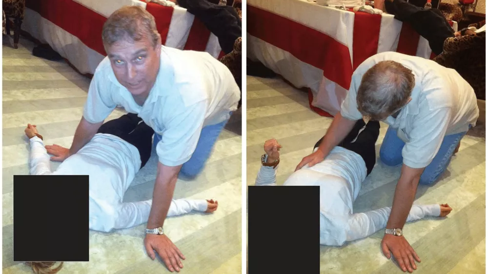 Britain's Prince Andrew kneels over a female in a combination of images released by the Department of Justice in Washington, D.C., U.S., on January 30, 2026 as part of a new trove of documents from its investigations into the late financier and convicted sex offender Jeffrey Epstein. U.S. Justice Department/Handout via REUTERS  THIS IMAGE HAS BEEN SUPPLIED BY A THIRD PARTY. REDACTED AREAS FROM SOURCE. THIS PICTURE WAS PROCESSED BY REUTERS TO ENHANCE QUALITY. UNPROCESSED VERSIONS HAVE BEEN PROVIDED SEPARATELY.
