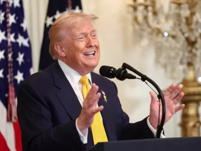 U.S. President Donald Trump speaks during a Black History Month reception at the White House in Washington, D.C., U.S., February 18, 2026. REUTERS/Kevin Lamarque