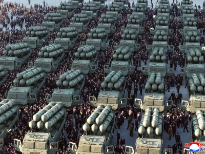 This photo provided by the North Korean government shows new launch vehicles for nuclear-capable short-range missiles during a military ceremony in Pyongyang, North Korea, Wednesday, Feb. 18, 2026. Independent journalists were not given access to cover the event depicted in this image distributed by the North Korean government. The content of this image is as provided and cannot be independently verified. Korean language watermark on image as provided by source reads: "KCNA" which is the abbreviation for Korean Central News Agency. (Korean Central News Agency/Korea News Service via AP)