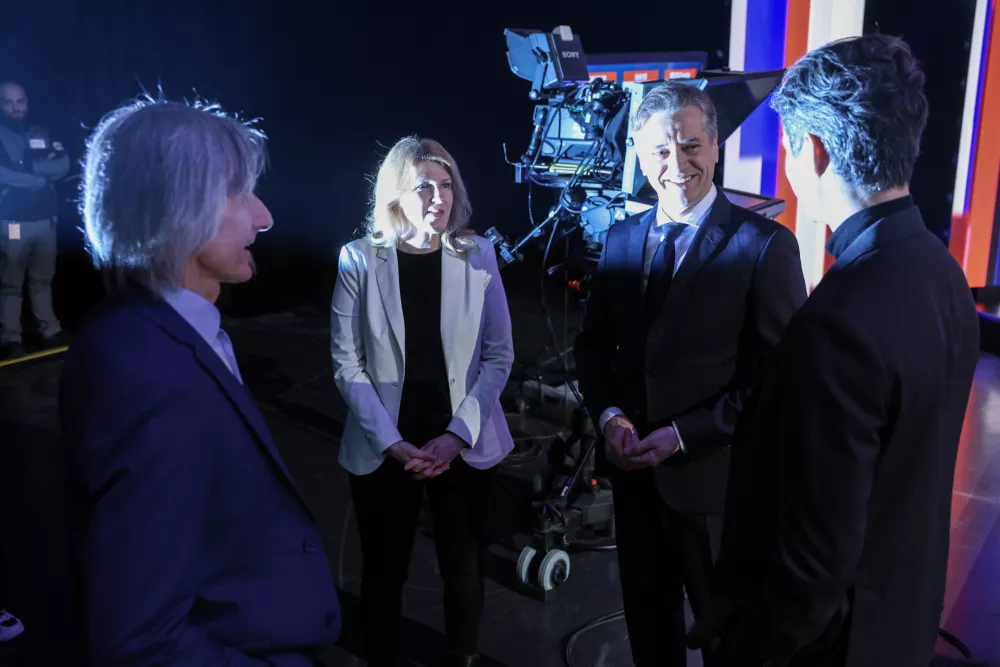 Uro&scaron; Macerl, Ur&scaron;a Zgojznik, Robert Golob, Luka Mesec- 19.02.2026 - Prvo soočenje predsednikov strank na RTV SLO - parlamentarne volitve 2026//FOTO: Jaka Gasar