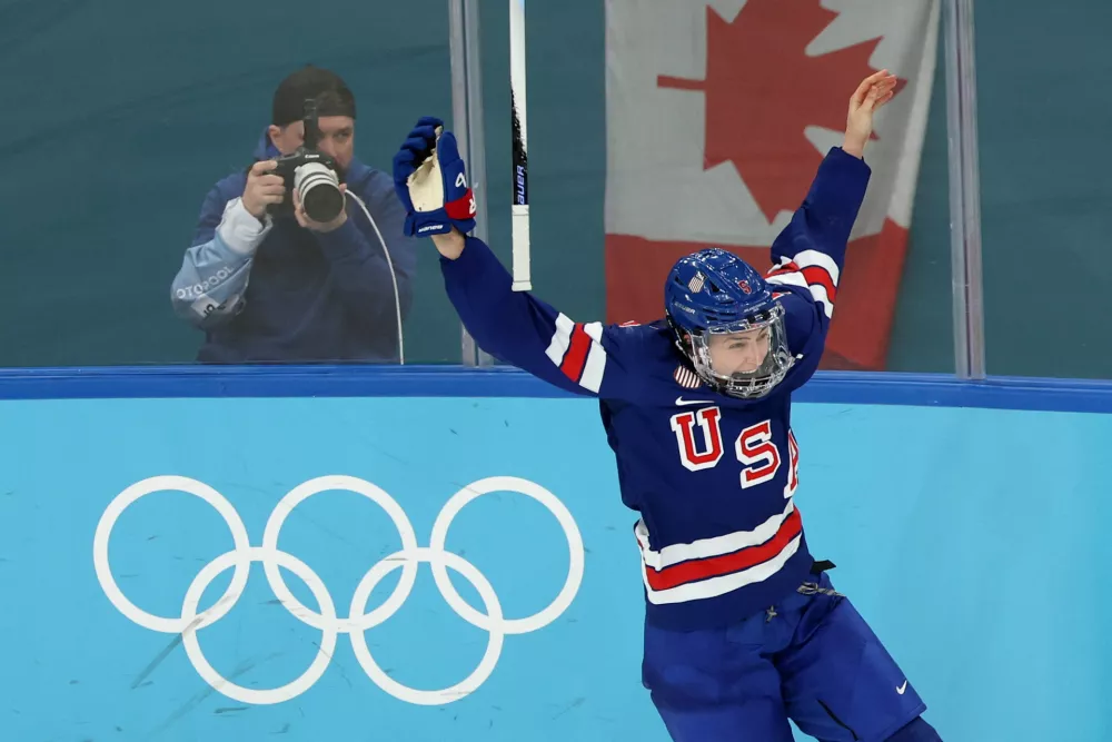 Milano Cortina 2026 Olympics - Ice Hockey - Women's Gold Medal Game - United States vs Canada - Milano Santagiulia Ice Hockey Arena, Milan, Italy - February 19, 2026. Megan Keller of United States celebrates after scoring their second goal in overtime to win gold REUTERS/Mike Segar