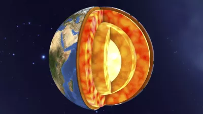 Internal structure of the Earth, cutaway computer illustration. From the centre outwards, the four layers shown in the image are: inner core, outer core, mantle, and crust.No use: BBC, Pearson, Oxford University Press, Springer Nature, Dorling Kindersley, Cambridge University Press & Assessment, New Scientist, Bonnier Publications, John Wiley & Sons, The Lancet, BMJ