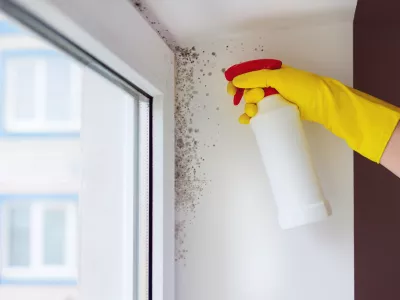 Close-up of a person wearing yellow rubber gloves spraying cleaning solution on a moldy wall near a window. The photo illustrates household mold removal, home maintenance, and moisture problems in buildings. Concept of hygiene, allergy prevention, air quality, and cleaning mold for a healthy home. / Foto: Istockphoto