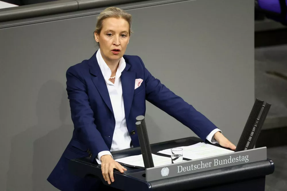 FILE PHOTO: Alternative for Germany (AfD) co-leader Alice Weidel speaks during a session of the lower house of the German parliament, the Bundestag, in Berlin, Germany, January 29, 2026. REUTERS/Liesa Johannssen/File Photo