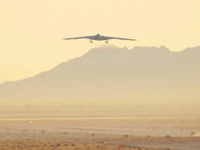 FILE PHOTO: The United States Air Force's B-21 "Raider", the long-range stealth bomber that can be armed with nuclear weapons, takes off from the runway at Northrop Grumman's site at Air Force Plant 42, during its first flight, in Palmdale, California, U.S., November 10, 2023. REUTERS/David Swanson/File Photo