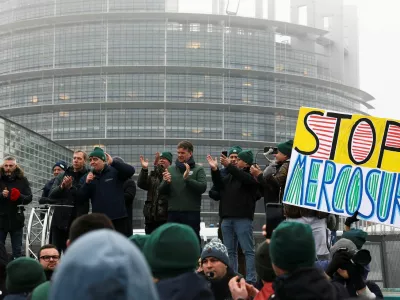Farmers from across Europe react after the European Parliament voted on whether to refer the EU-Mercosur trade agreement to the Court of Justice of the European Union (CJEU), in Strasbourg, France, January 21, 2026. REUTERS/Yves Herman