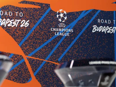 Soccer Football - UEFA Champions League - Draw for Round of 16, Quarter Finals, Semi Finals & Final - UEFA Headquarters, Nyon, Switzerland - February 27, 2026 General view of the UEFA Champions League logo before the draw REUTERS/Pierre Albouy